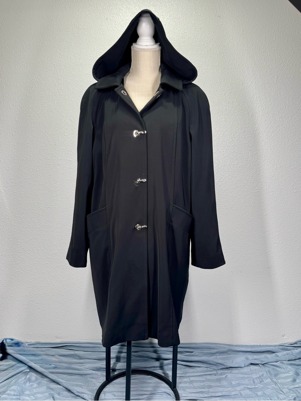 London Fog Black Hooded Long Trench Coat with Silver Metal Toggle Closures XL